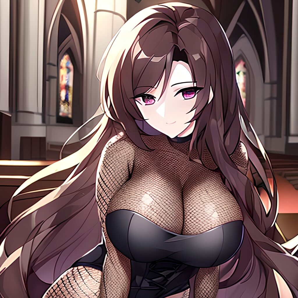 fishnet brunette church woman long hair messy hair 
