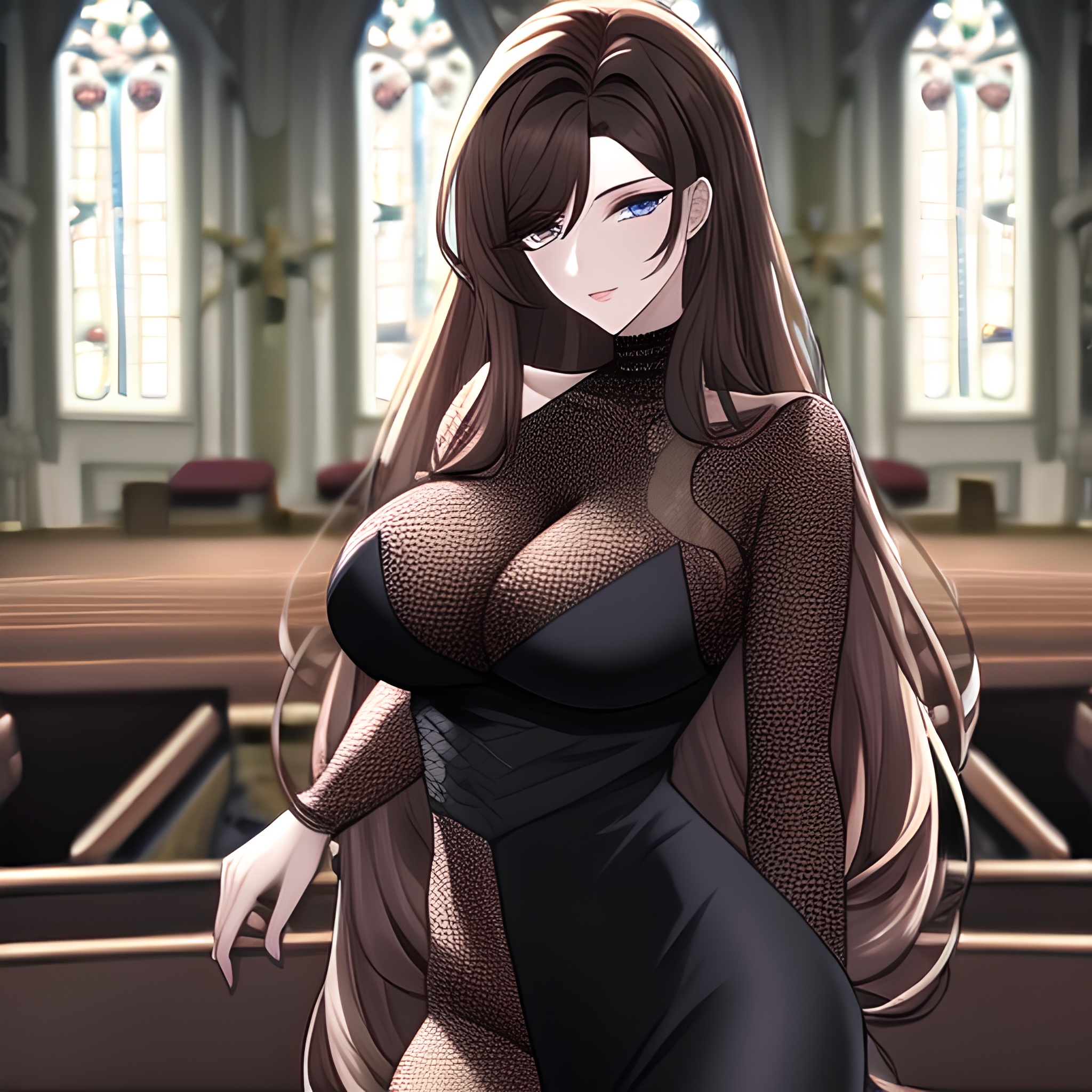 fishnet brunette church woman messy hair long hair