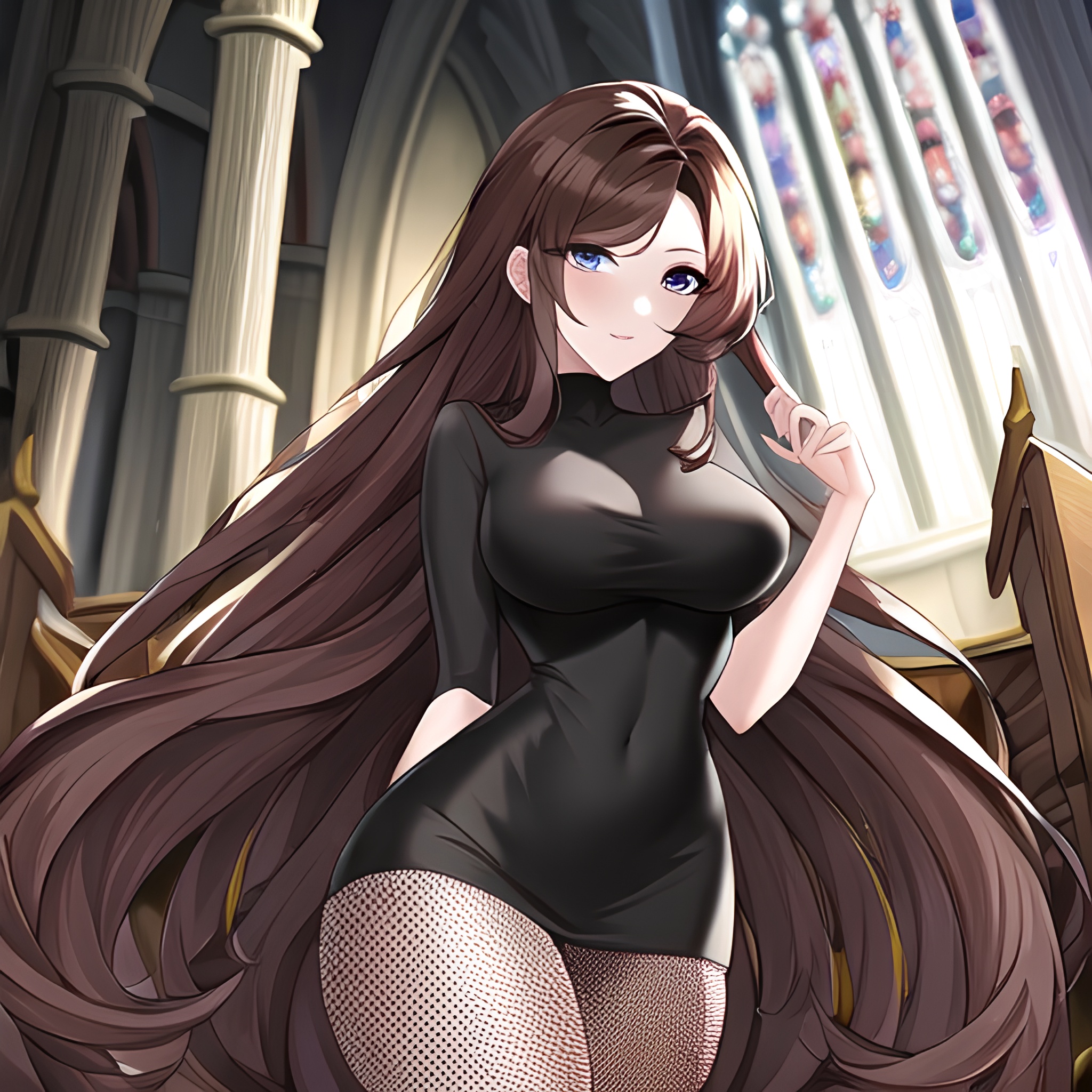 fishnet brunette long hair church messy hair woman