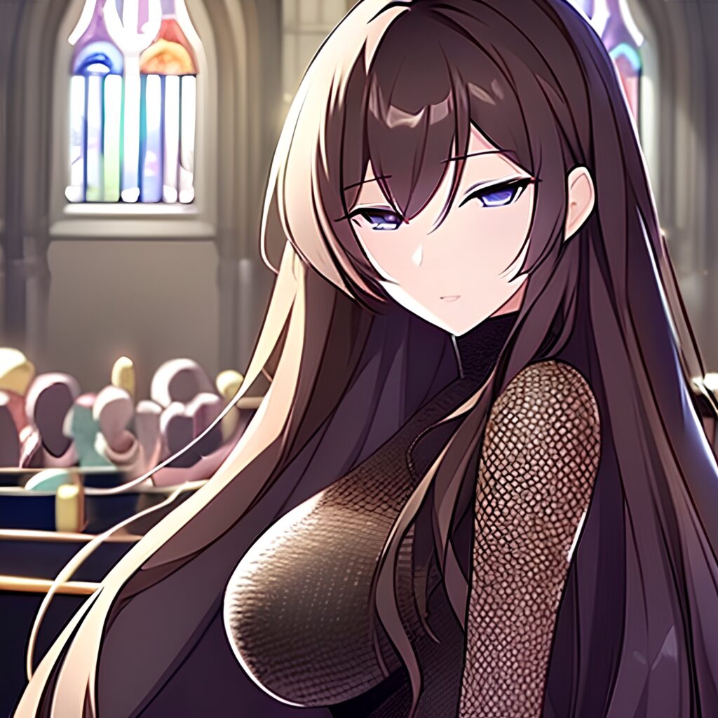 fishnet brunette long hair church messy hair woman 
