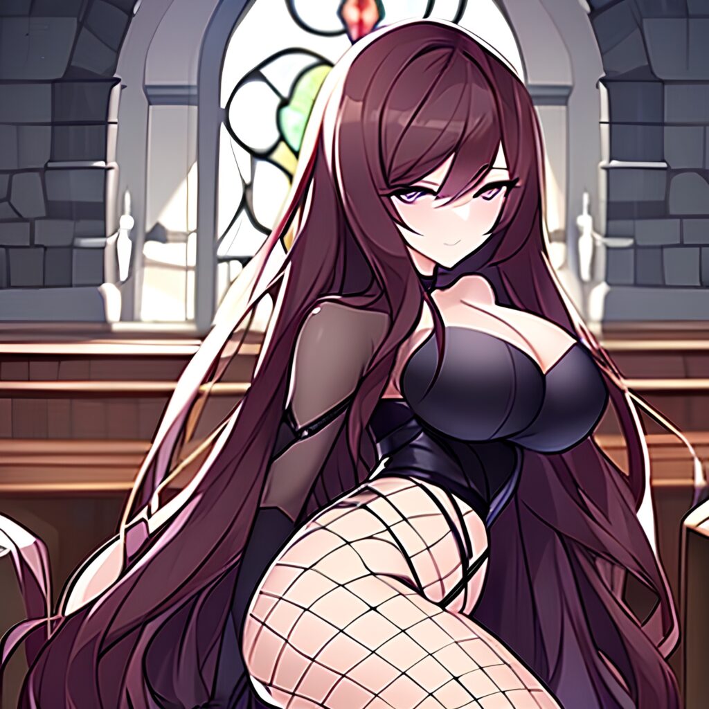 fishnet brunette long hair church messy hair woman