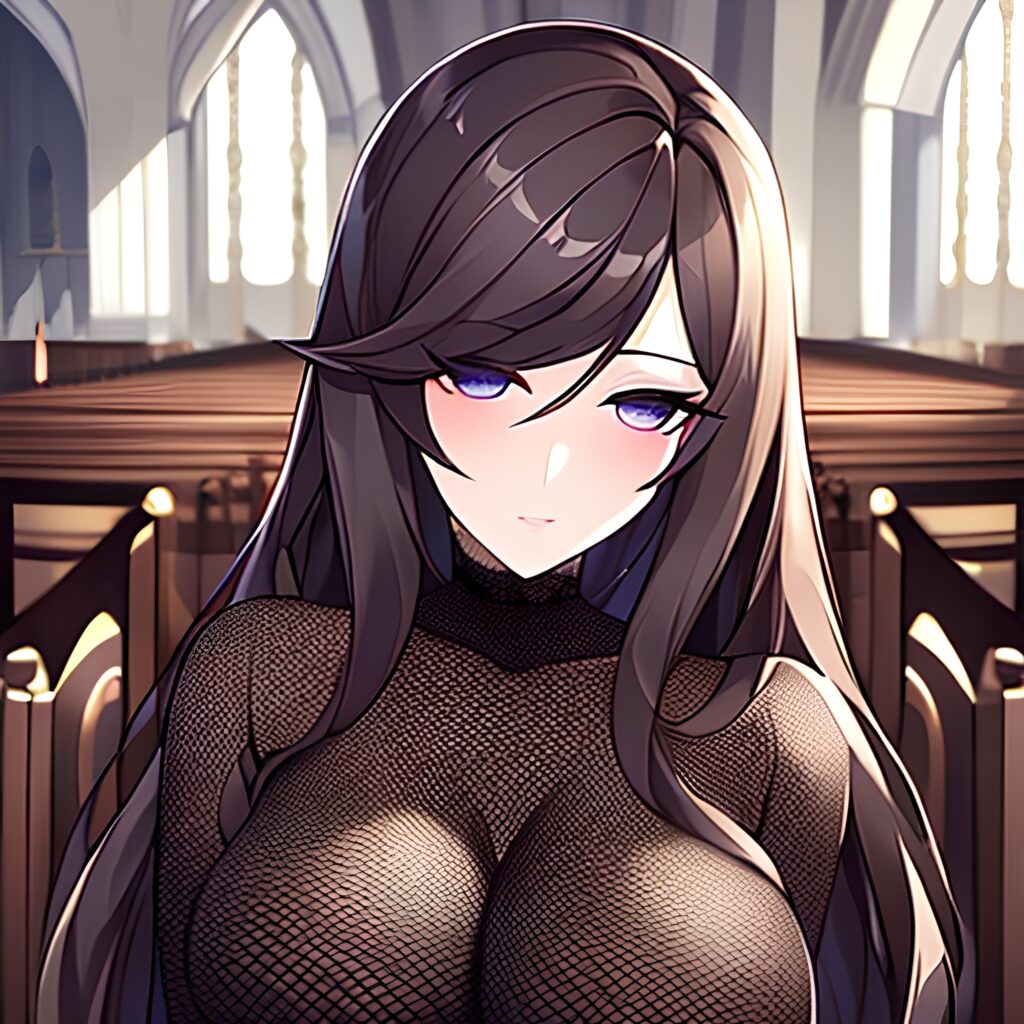 fishnet brunette long hair church woman messy hair 