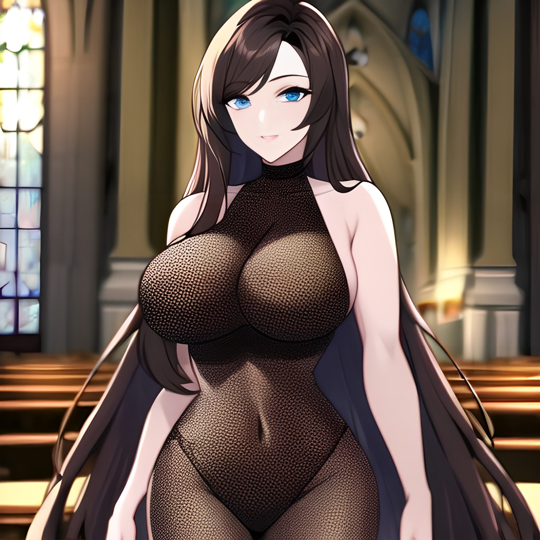 fishnet brunette long hair messy hair church woman 