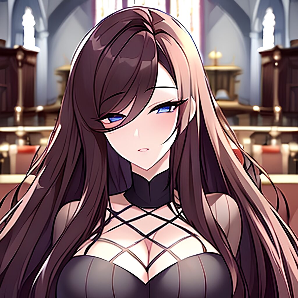 fishnet brunette long hair messy hair woman church 