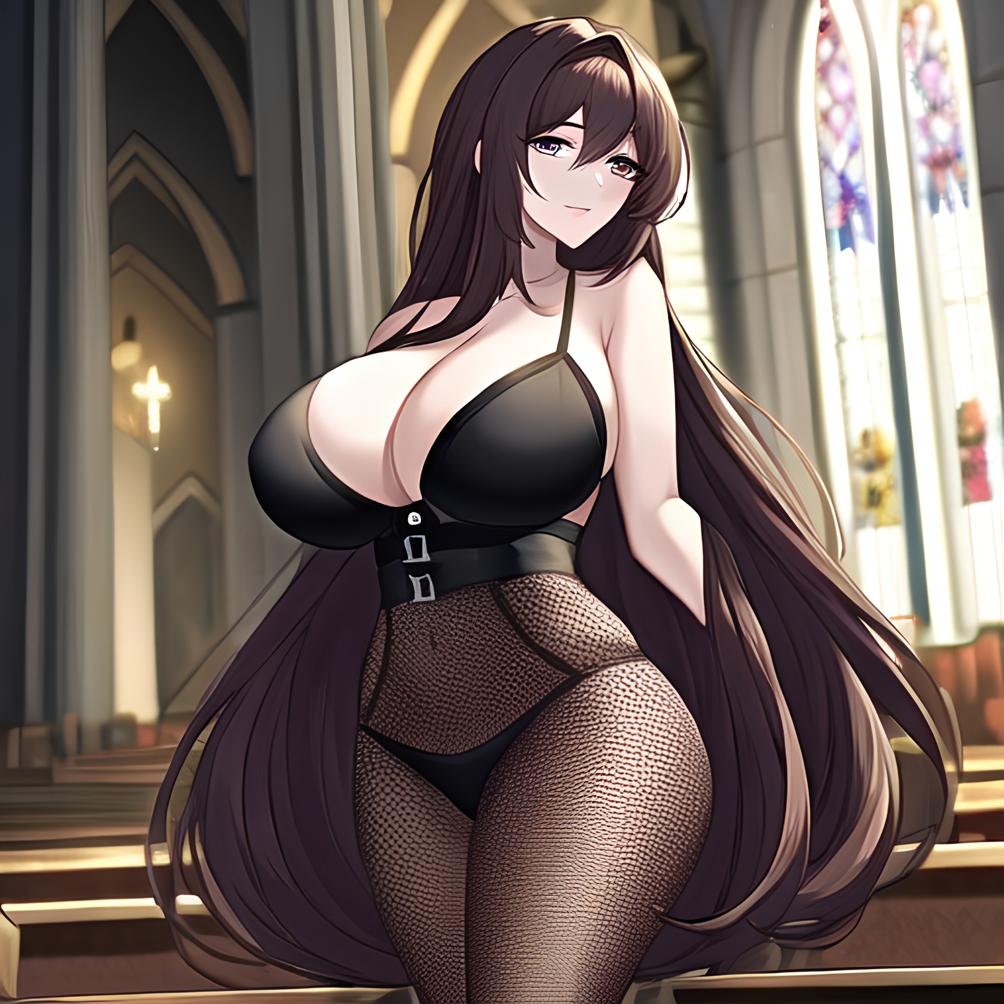 fishnet brunette long hair woman church messy hair 