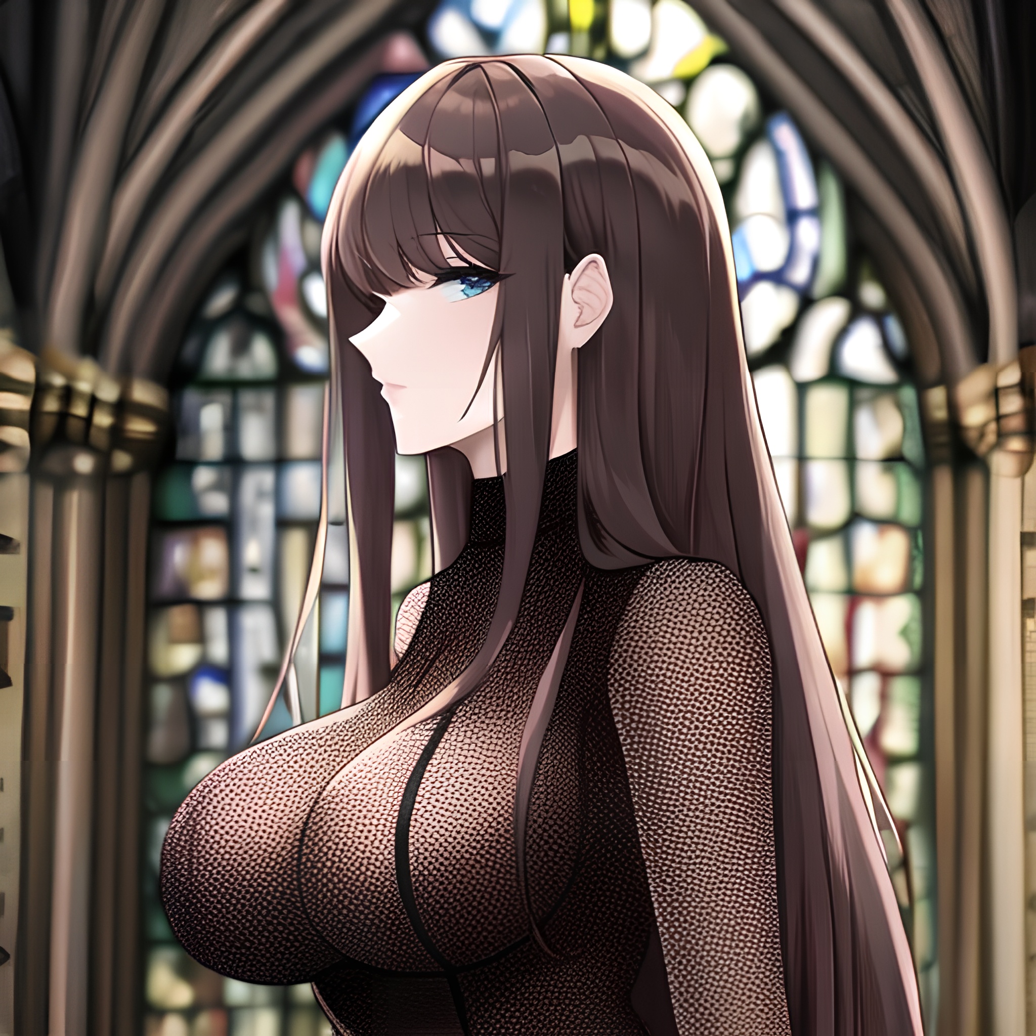 fishnet brunette long hair woman church messy hair