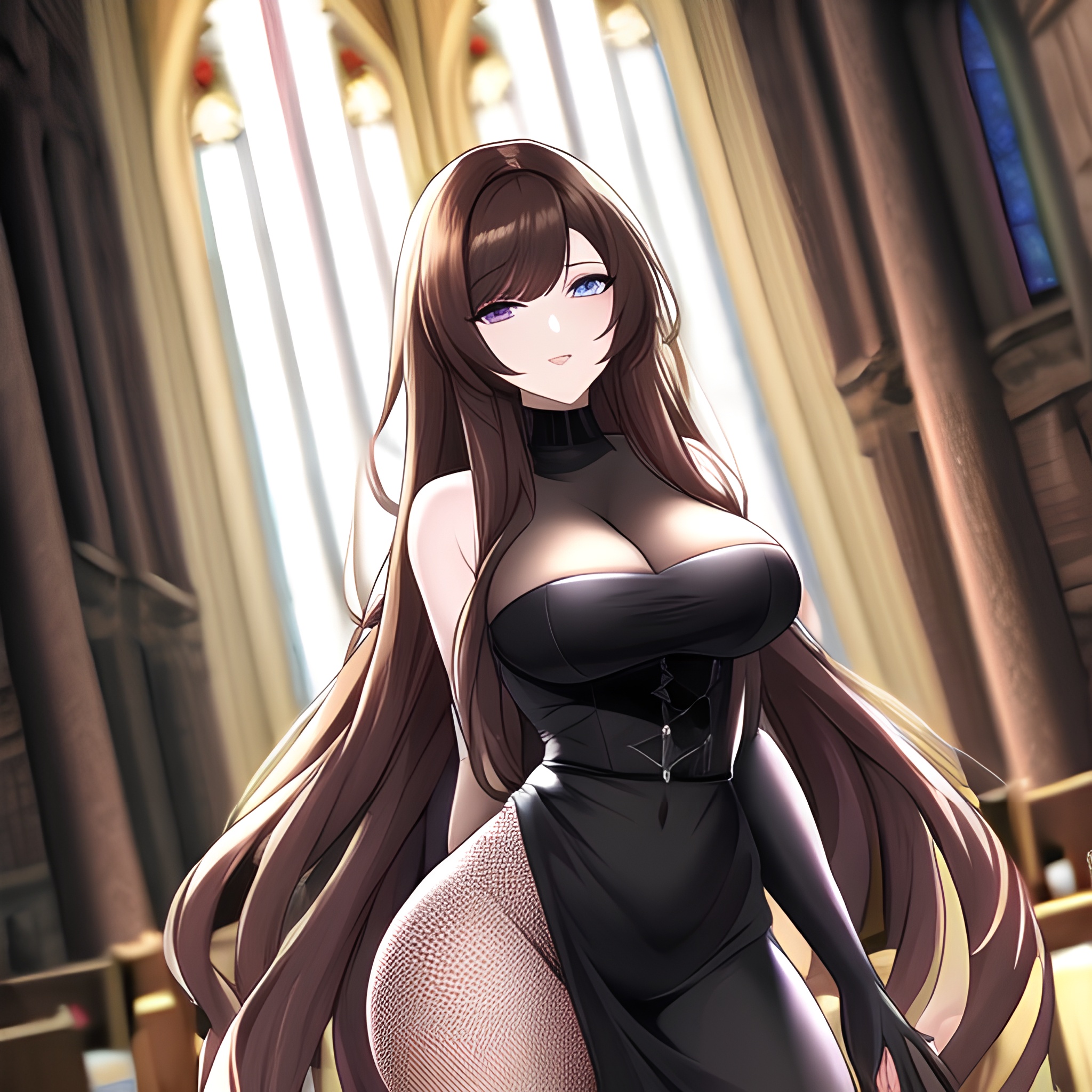fishnet brunette long hair woman church messy hair