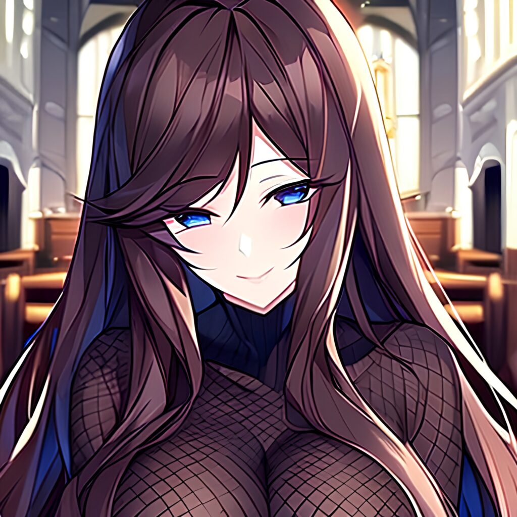 fishnet brunette long hair woman church messy hair