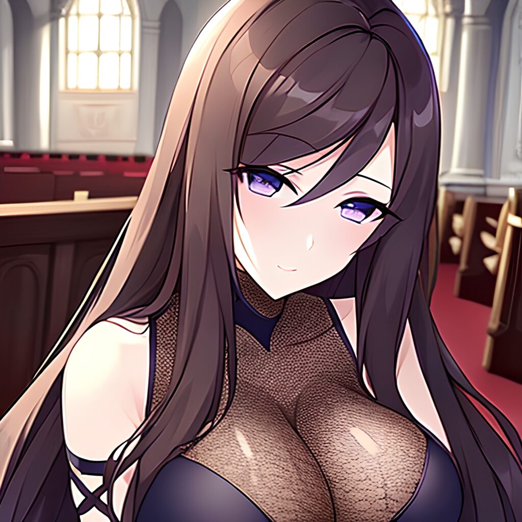fishnet brunette long hair woman church messy hair