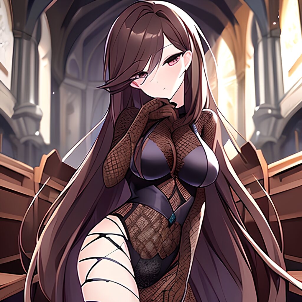 fishnet brunette long hair woman church messy hair 
