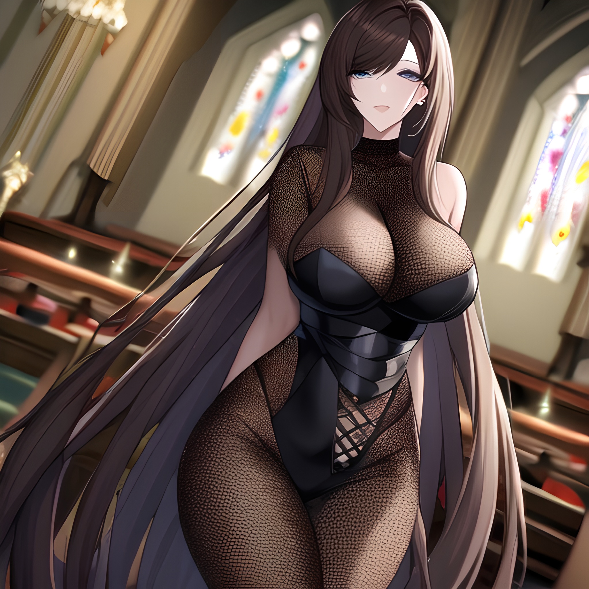 fishnet brunette long hair woman messy hair church 