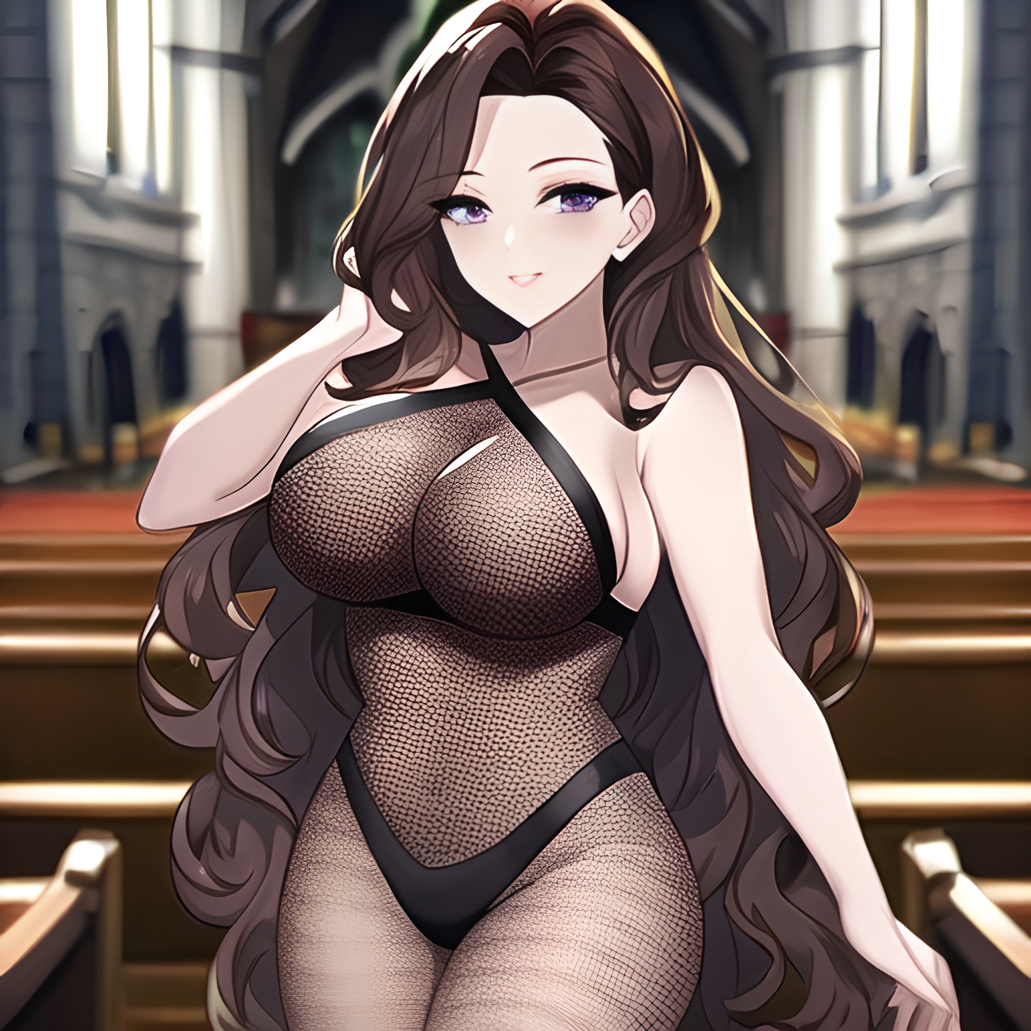 fishnet brunette long hair woman messy hair church 