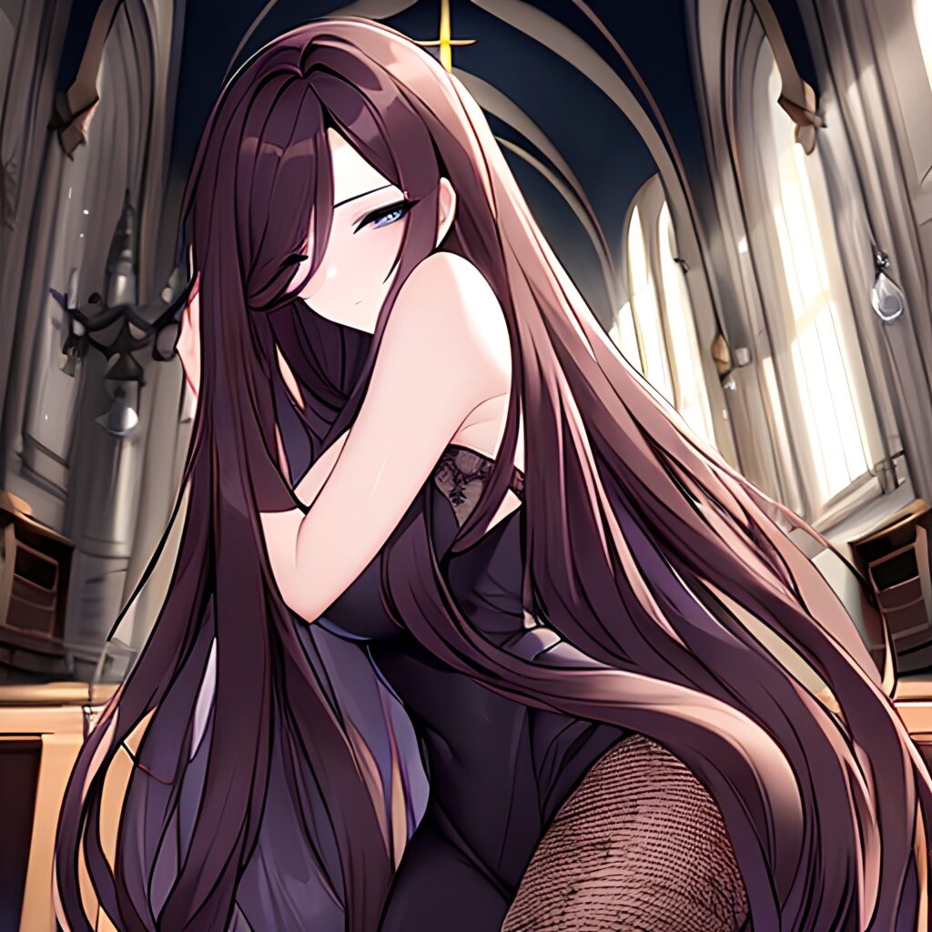 fishnet brunette messy hair church long hair woman