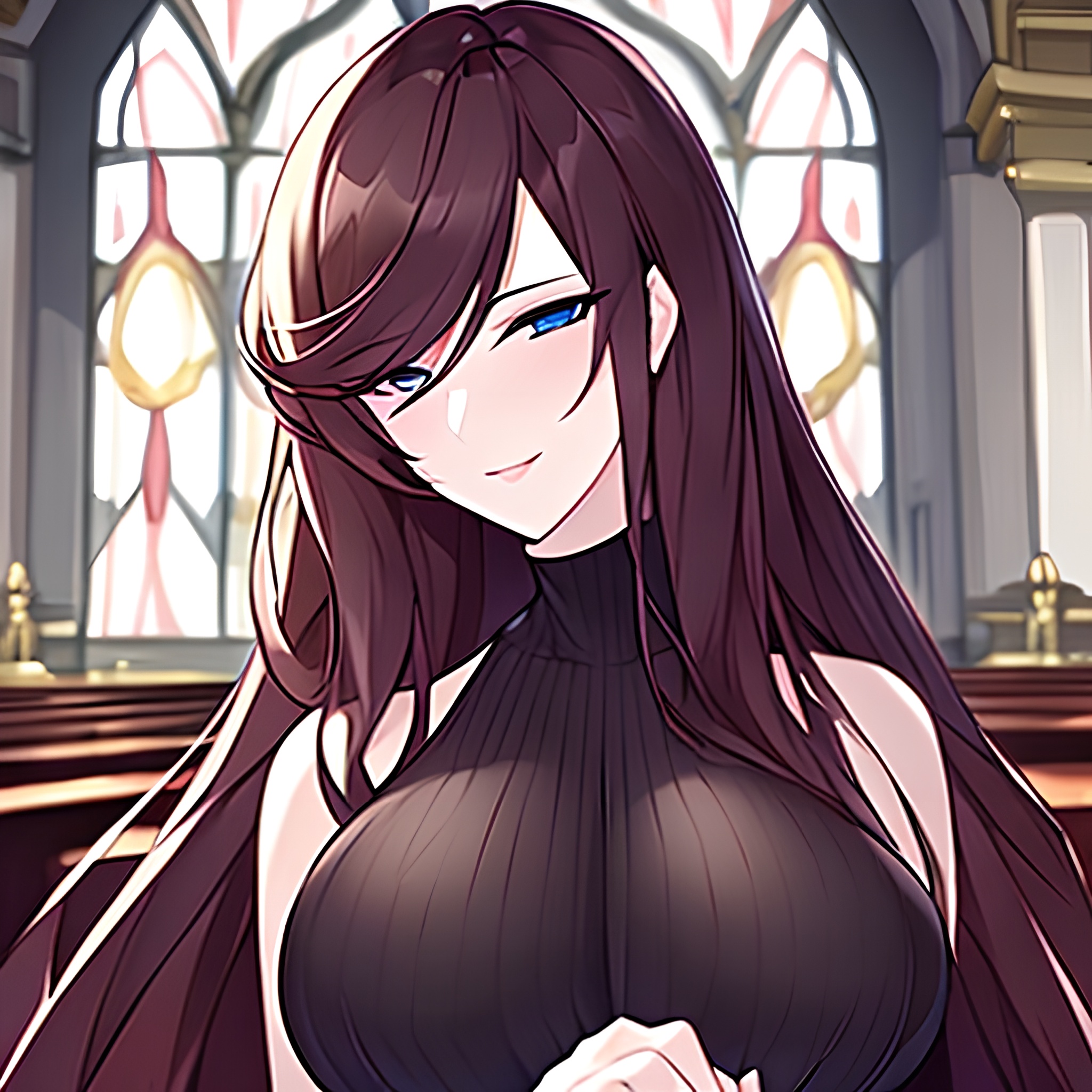 fishnet brunette messy hair church woman long hair
