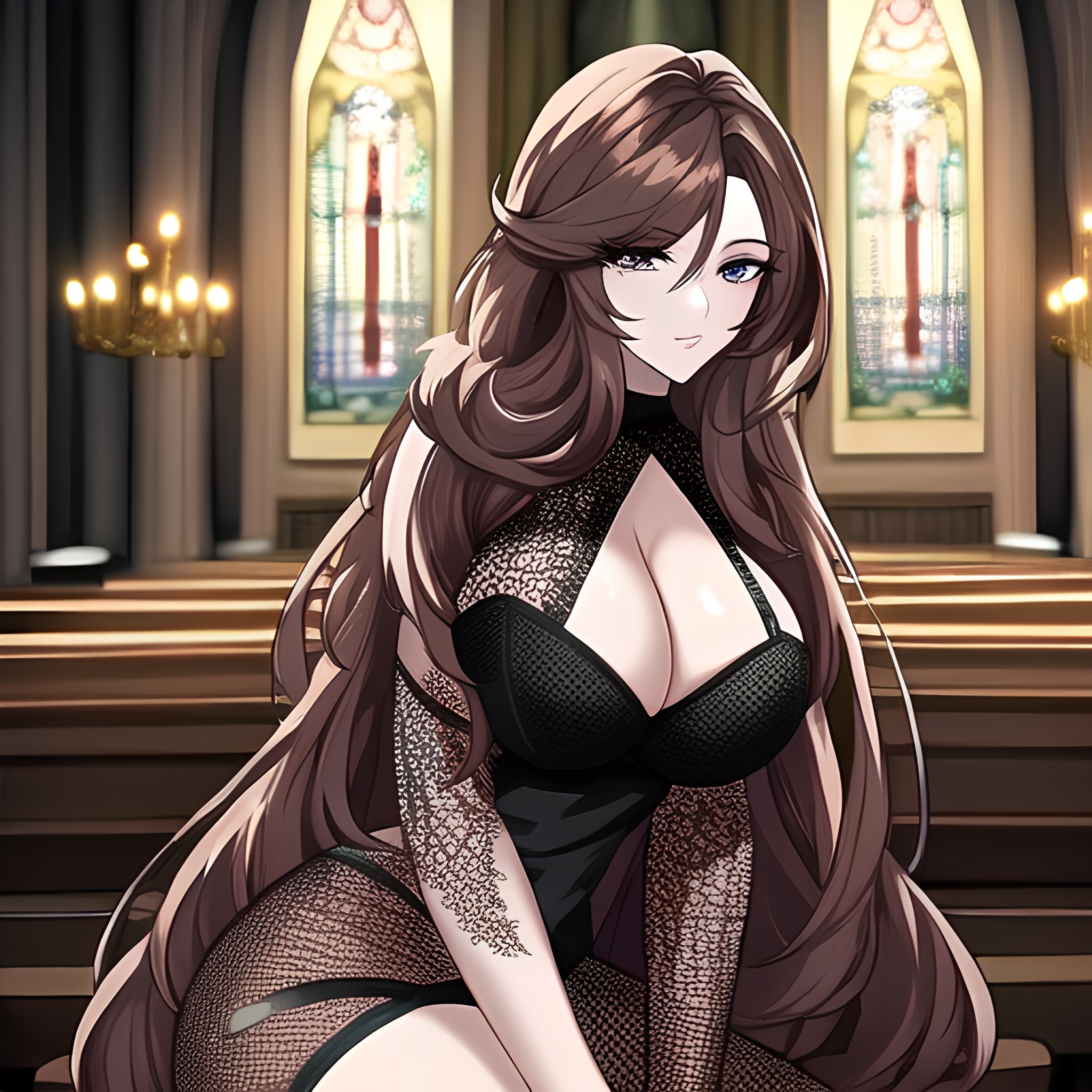 fishnet brunette messy hair church woman long hair 