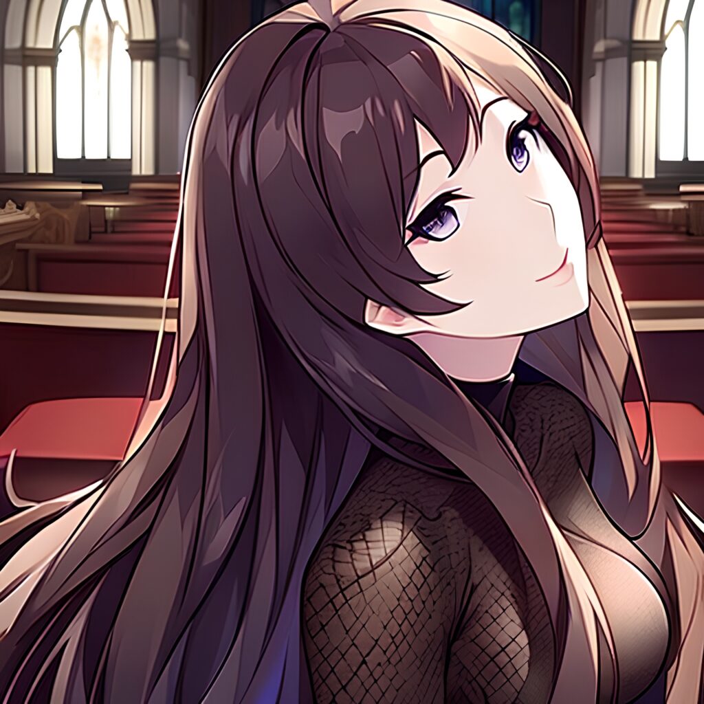 fishnet brunette messy hair church woman long hair 