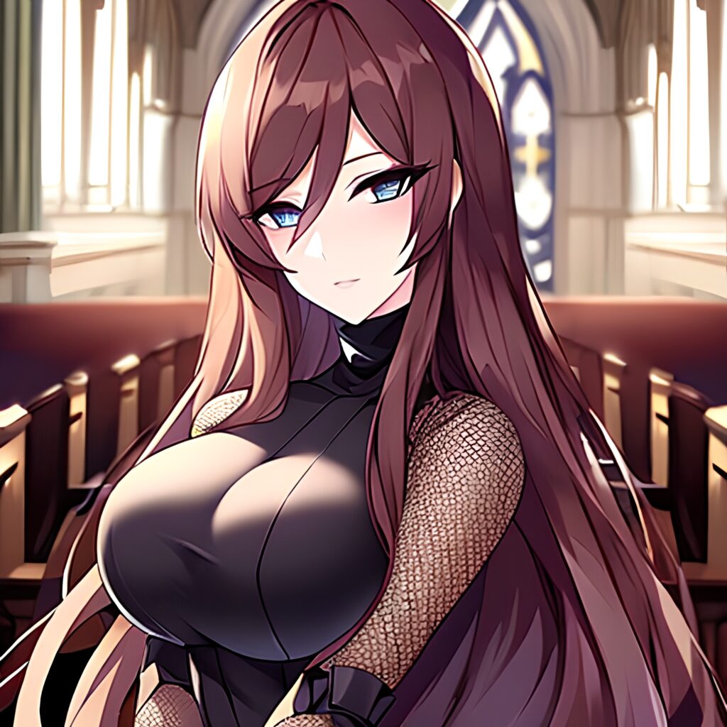 fishnet brunette messy hair long hair church woman 