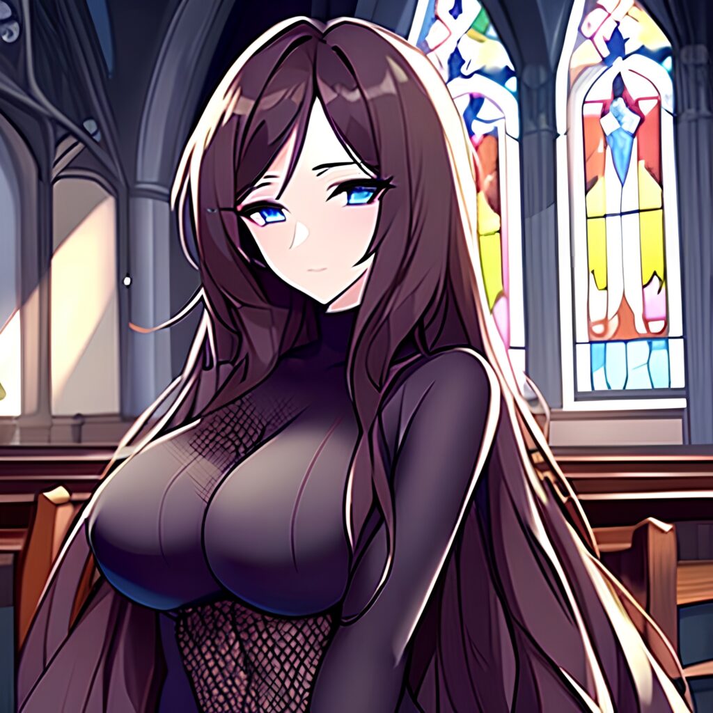 fishnet brunette messy hair long hair woman church 
