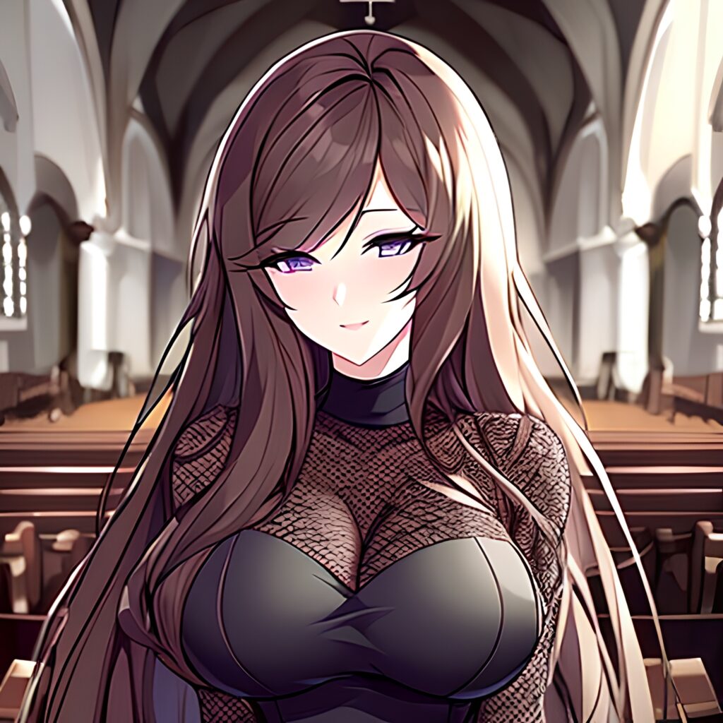 fishnet brunette messy hair long hair woman church 