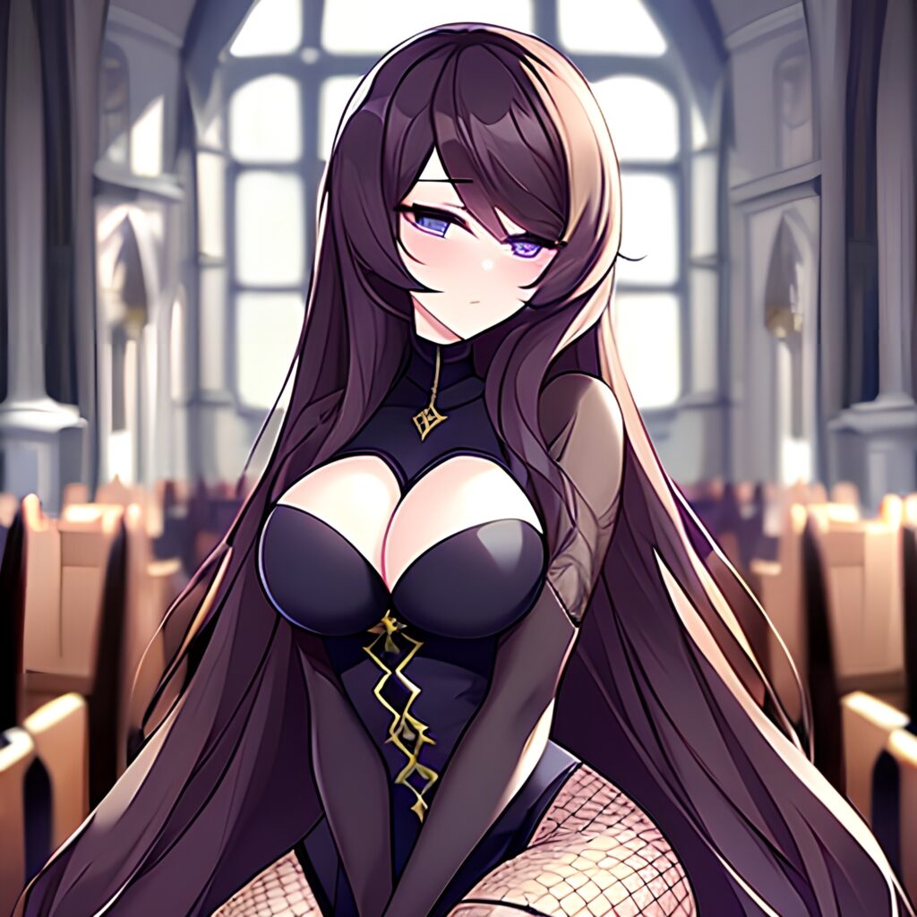 fishnet brunette messy hair long hair woman church 