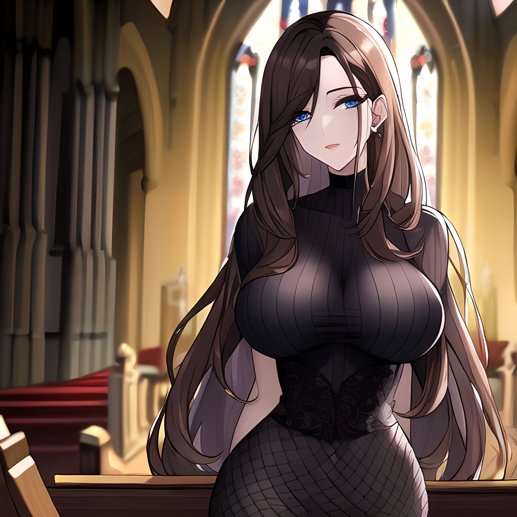 fishnet brunette messy hair woman church long hair 