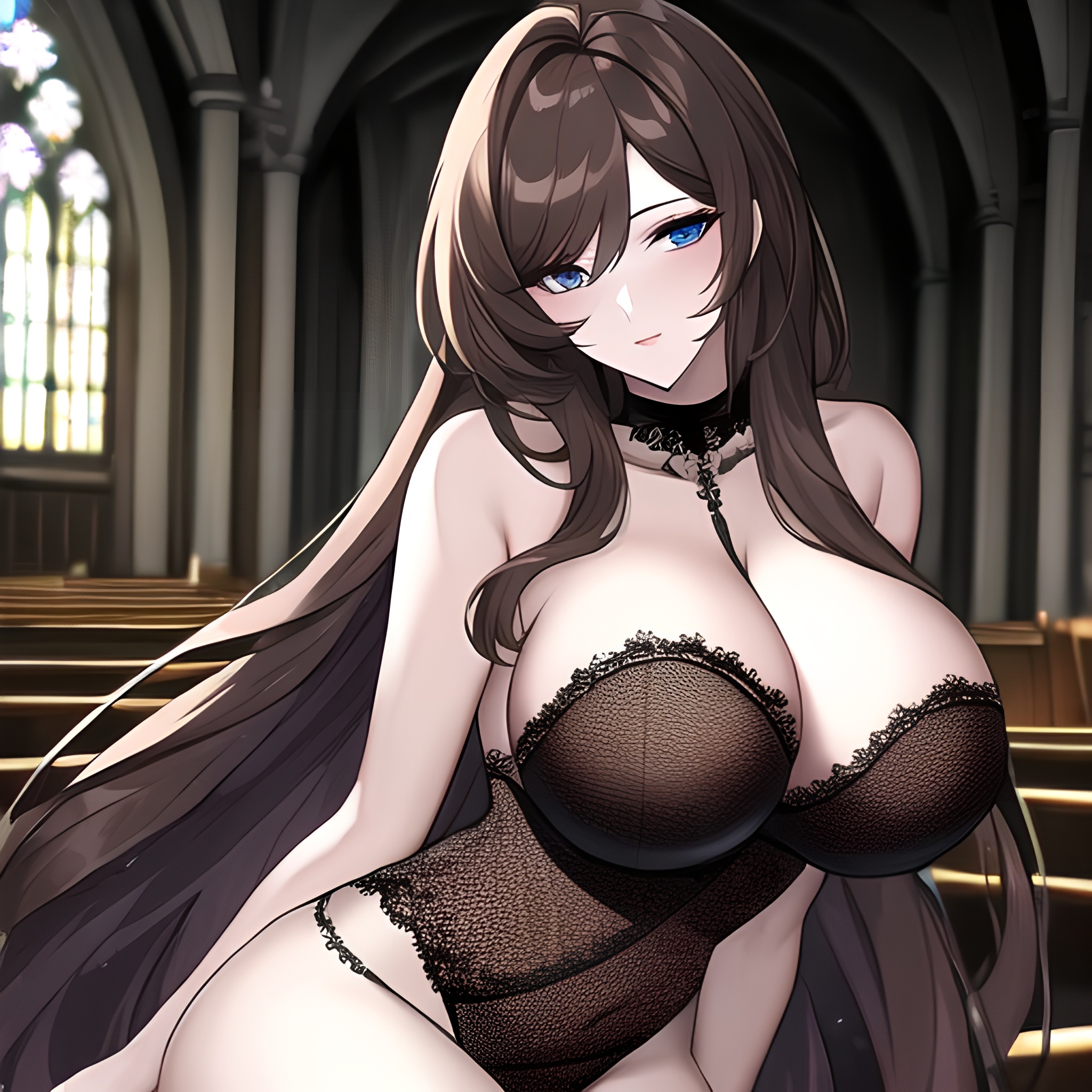 fishnet brunette woman church long hair messy hair