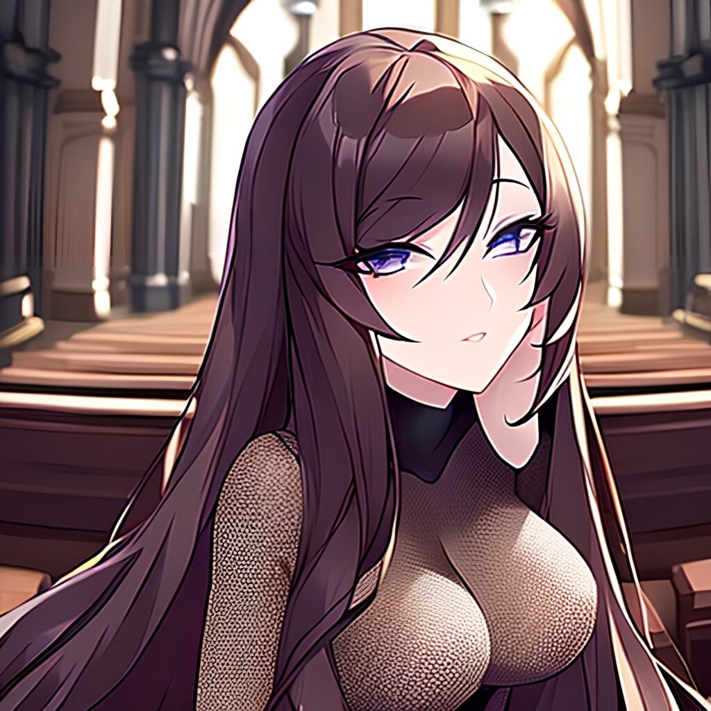 fishnet brunette woman church long hair messy hair 