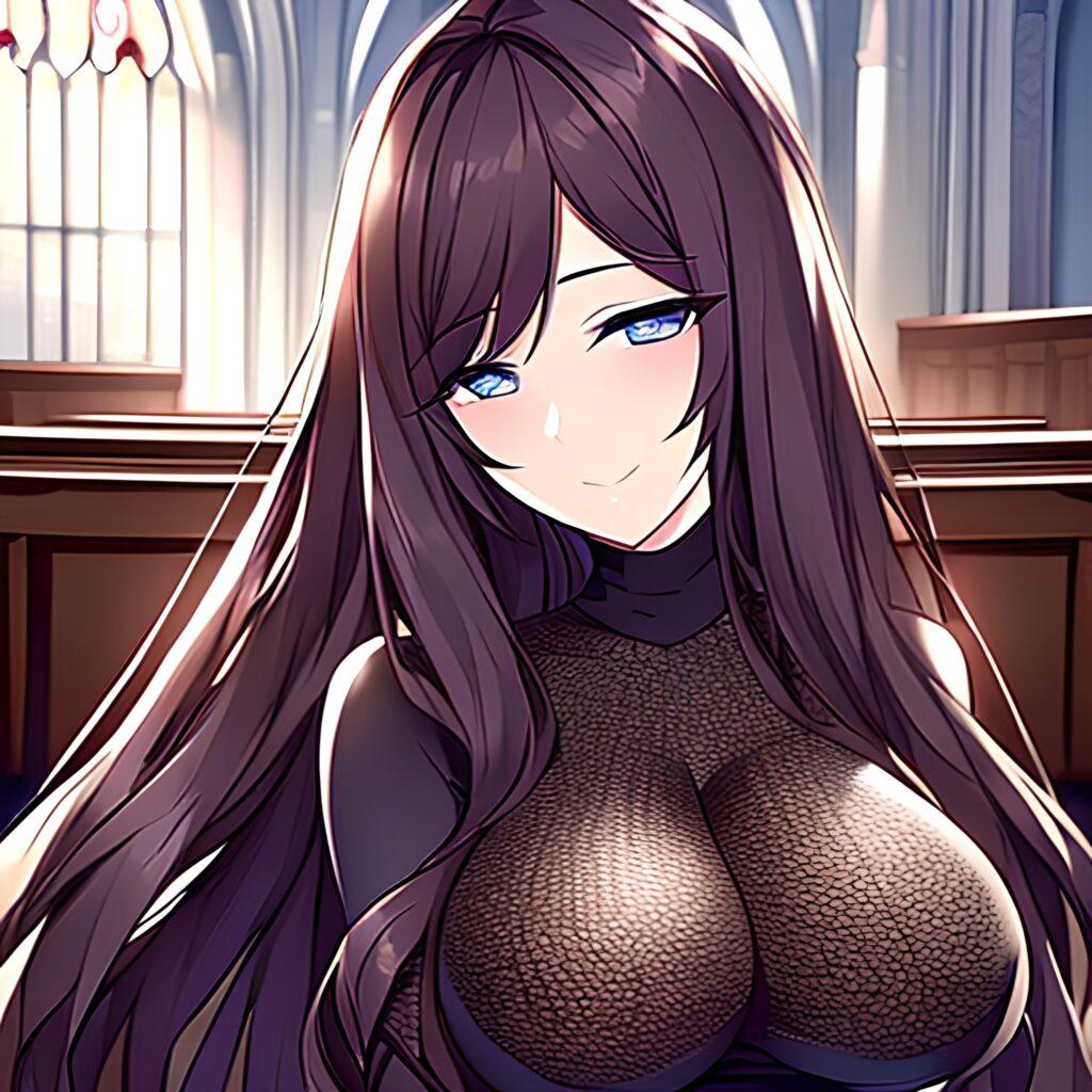 fishnet brunette woman church long hair messy hair 