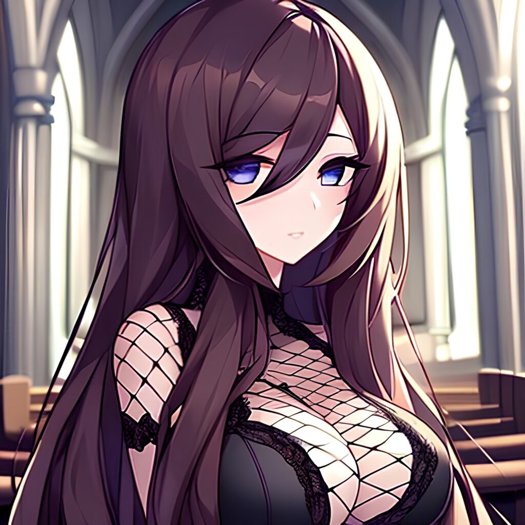 fishnet brunette woman church long hair messy hair