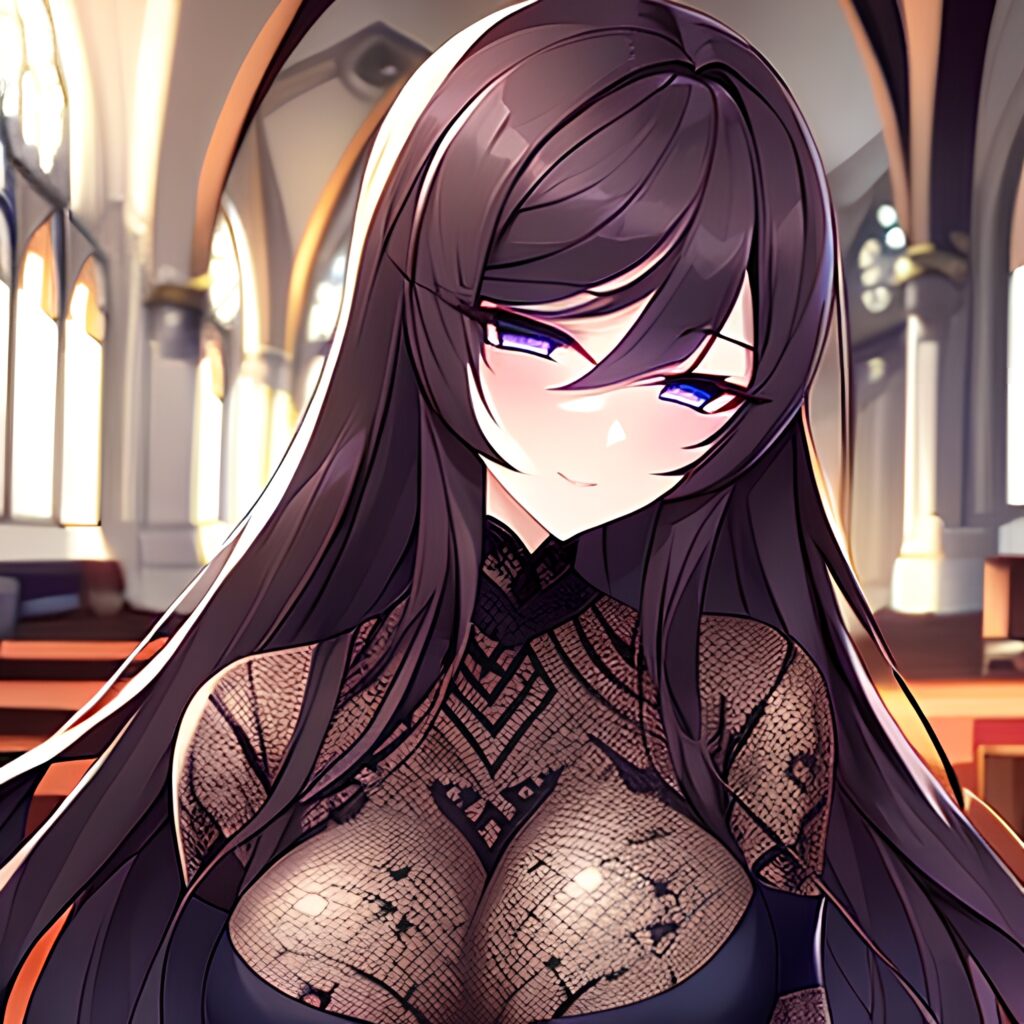 fishnet brunette woman church long hair messy hair 