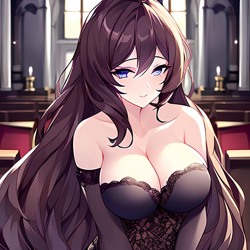 fishnet brunette woman church messy hair long hair