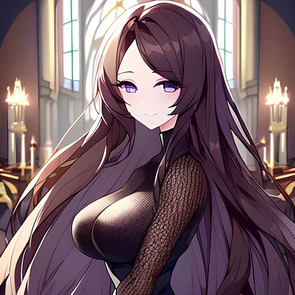 fishnet brunette woman church messy hair long hair