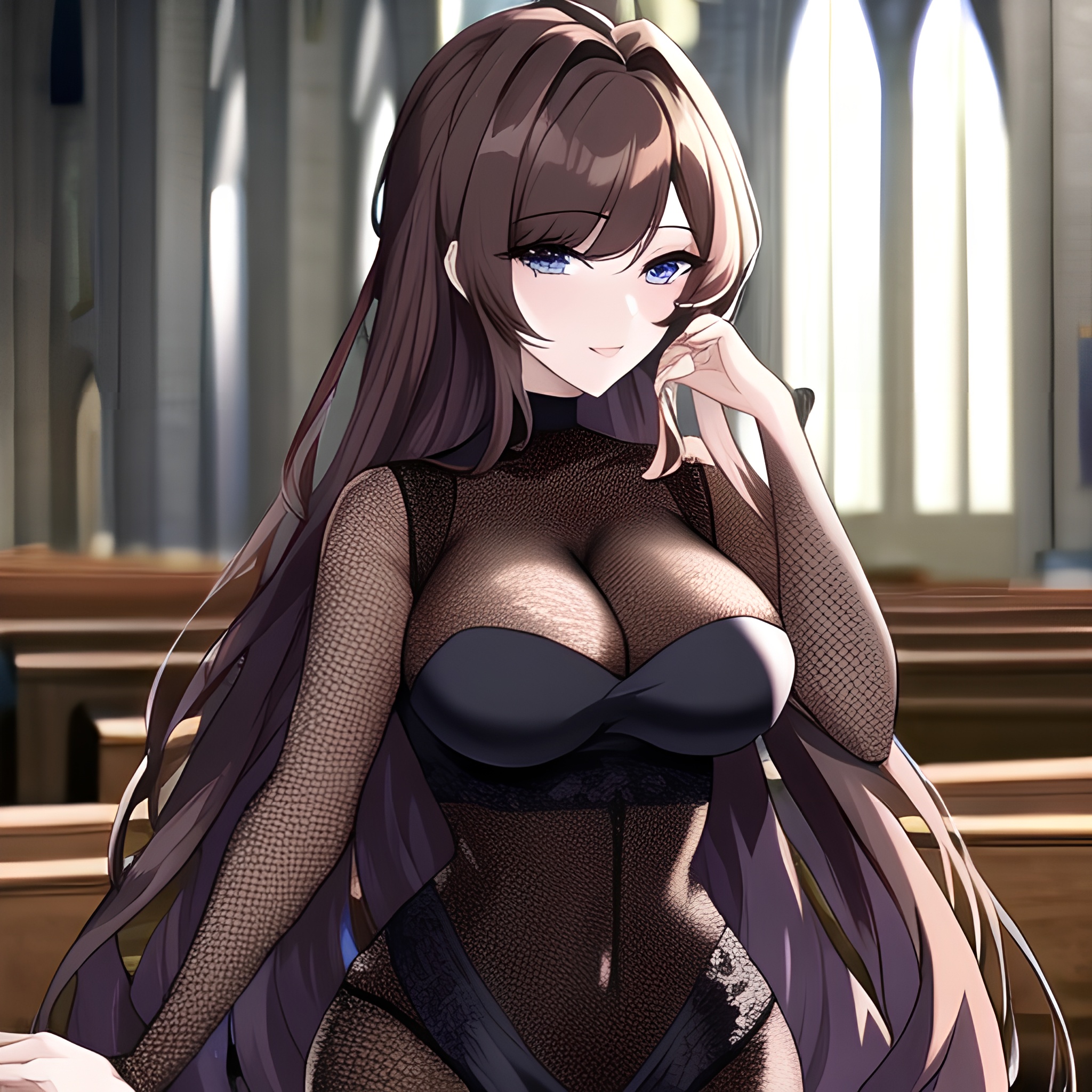 fishnet brunette woman church messy hair long hair