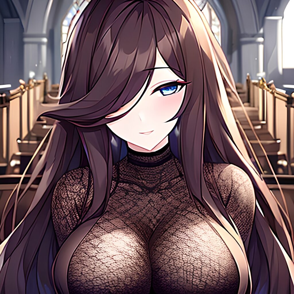 fishnet brunette woman church messy hair long hair
