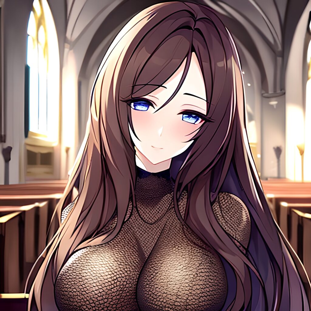 fishnet brunette woman church messy hair long hair 