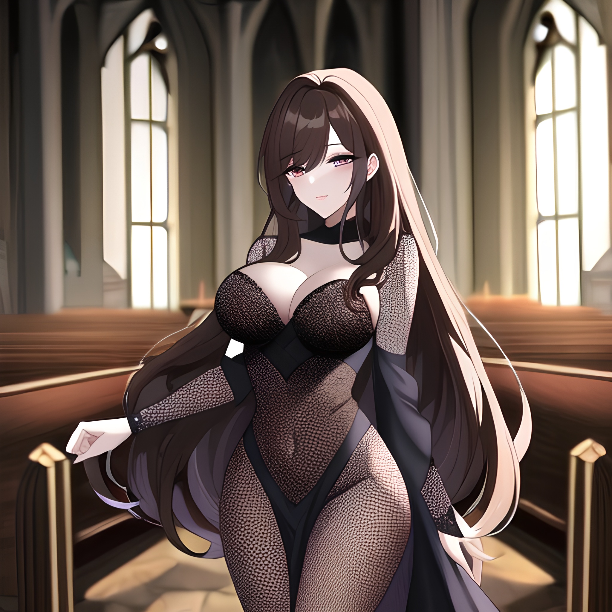 fishnet brunette woman long hair church messy hair 
