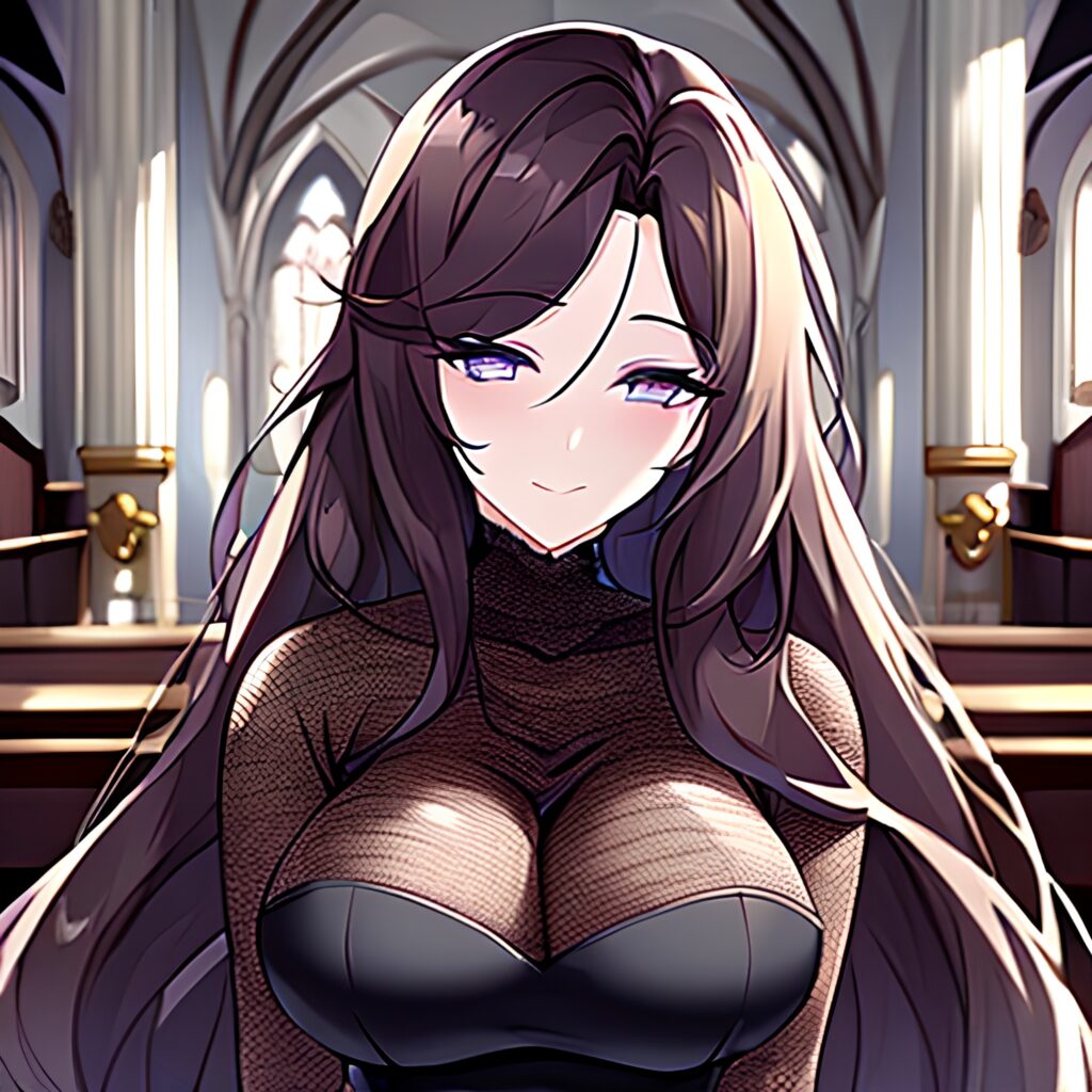 fishnet brunette woman long hair messy hair church 