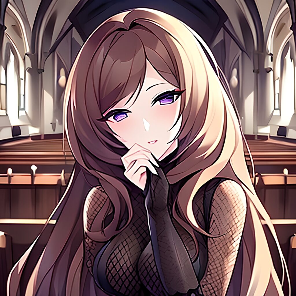 fishnet brunette woman long hair messy hair church 