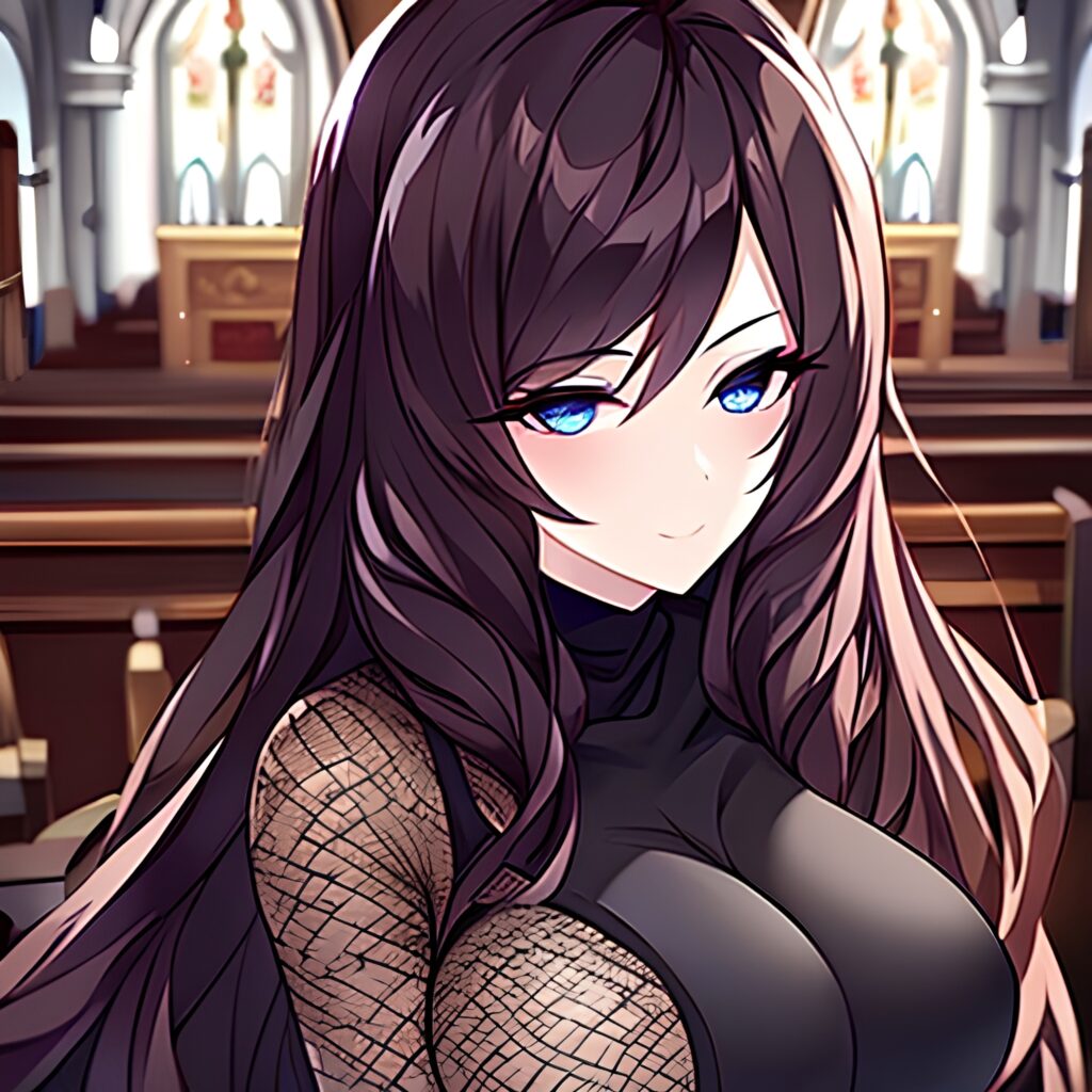 fishnet brunette woman long hair messy hair church