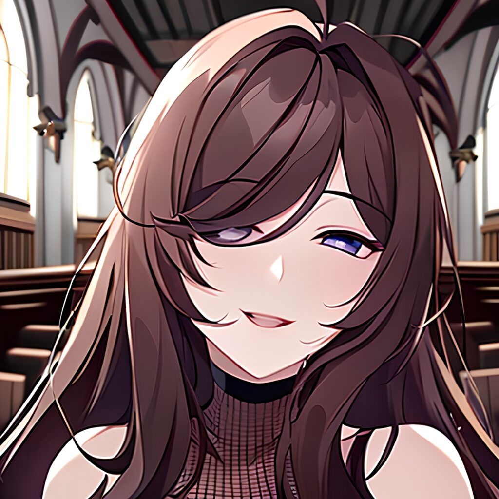 fishnet brunette woman long hair messy hair church 