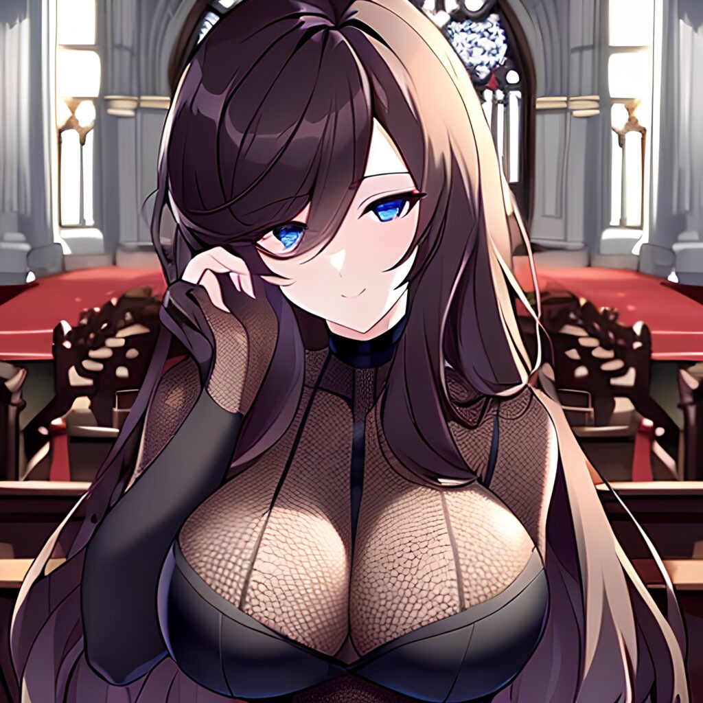 fishnet brunette woman messy hair church long hair 