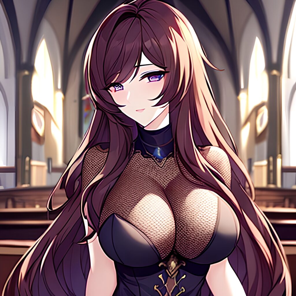 fishnet church brunette long hair messy hair woman