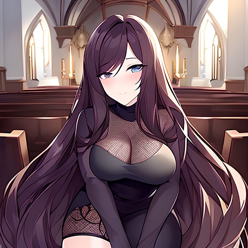 fishnet church brunette long hair messy hair woman 