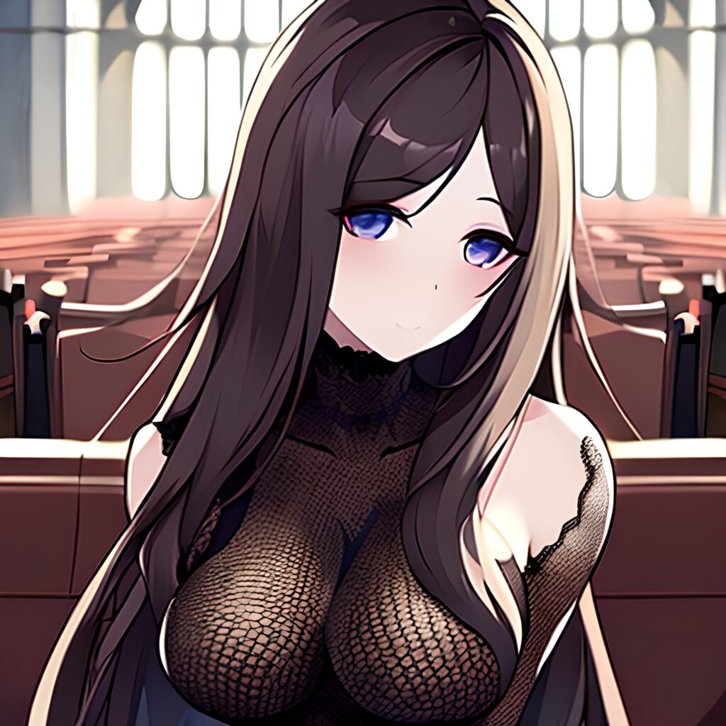 fishnet church brunette long hair messy hair woman