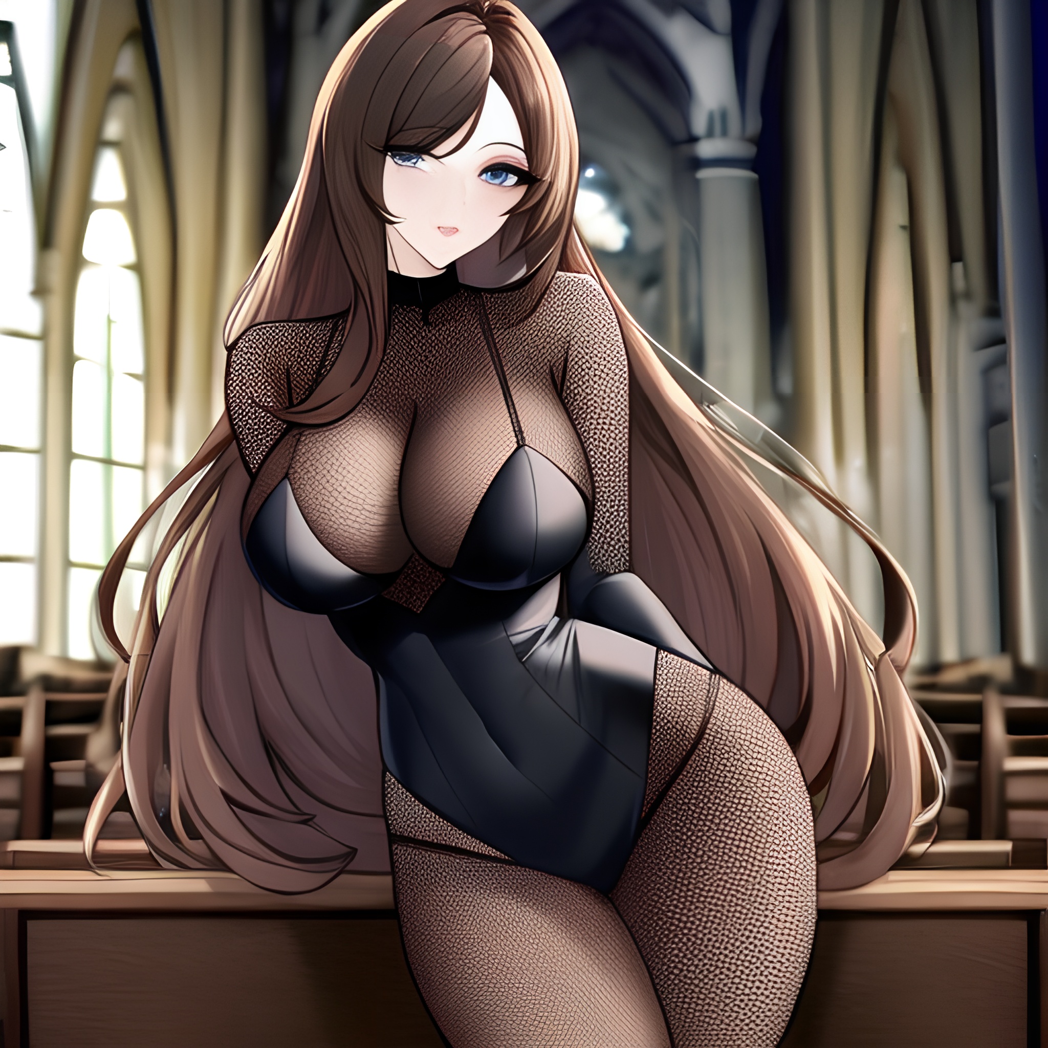 fishnet church brunette long hair woman messy hair 