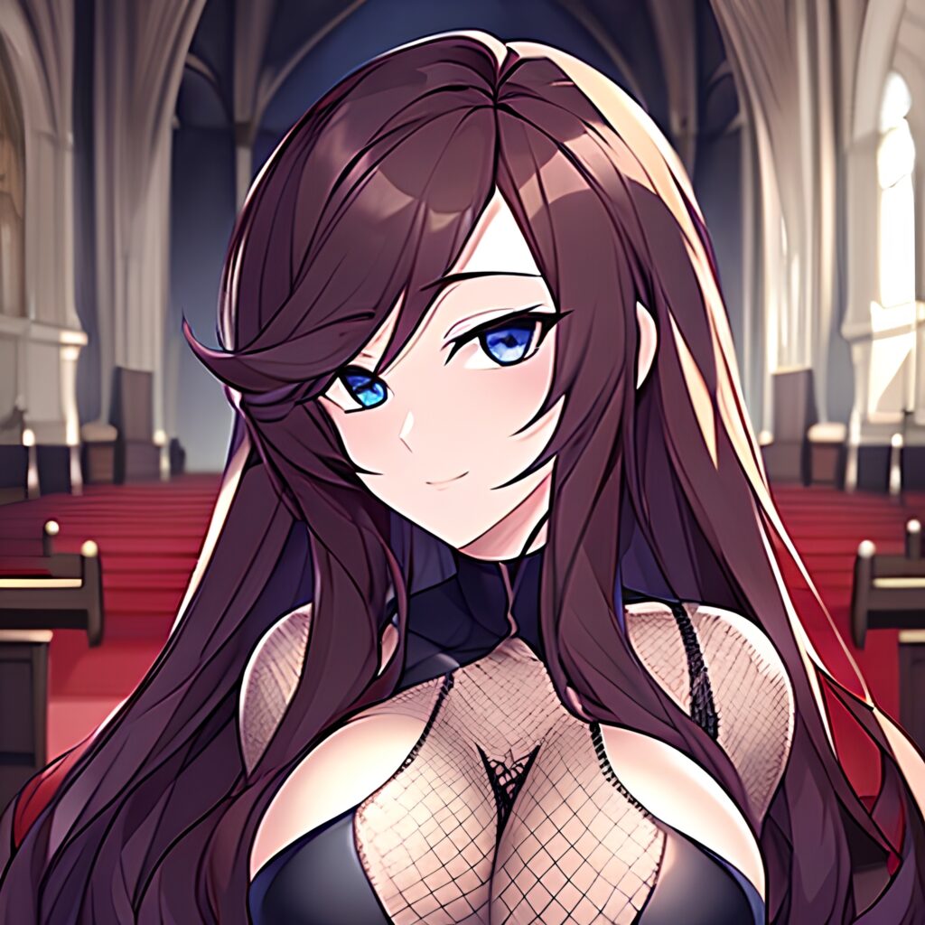 fishnet church brunette long hair woman messy hair 