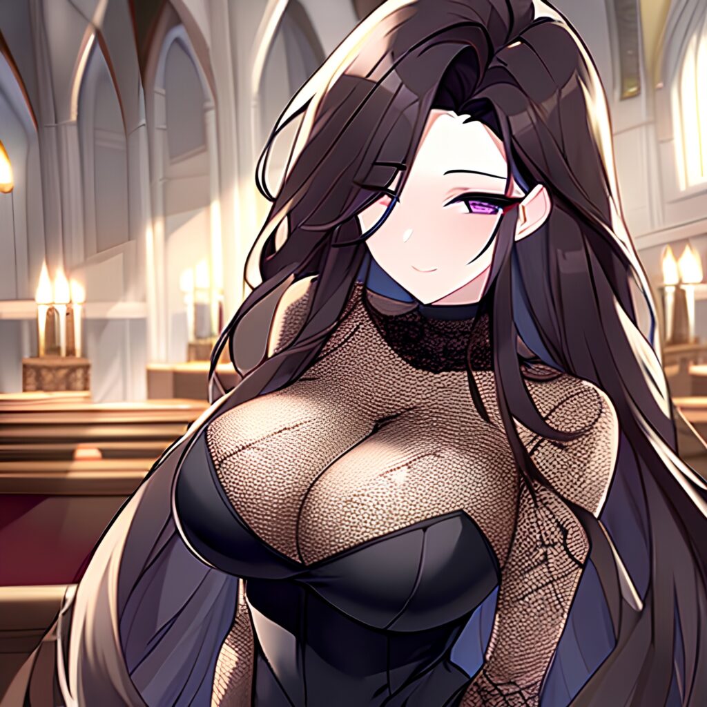 fishnet church brunette long hair woman messy hair