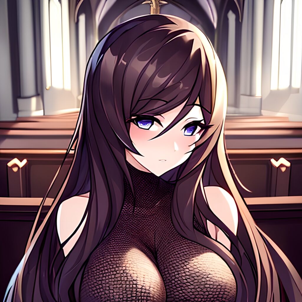fishnet church brunette long hair woman messy hair