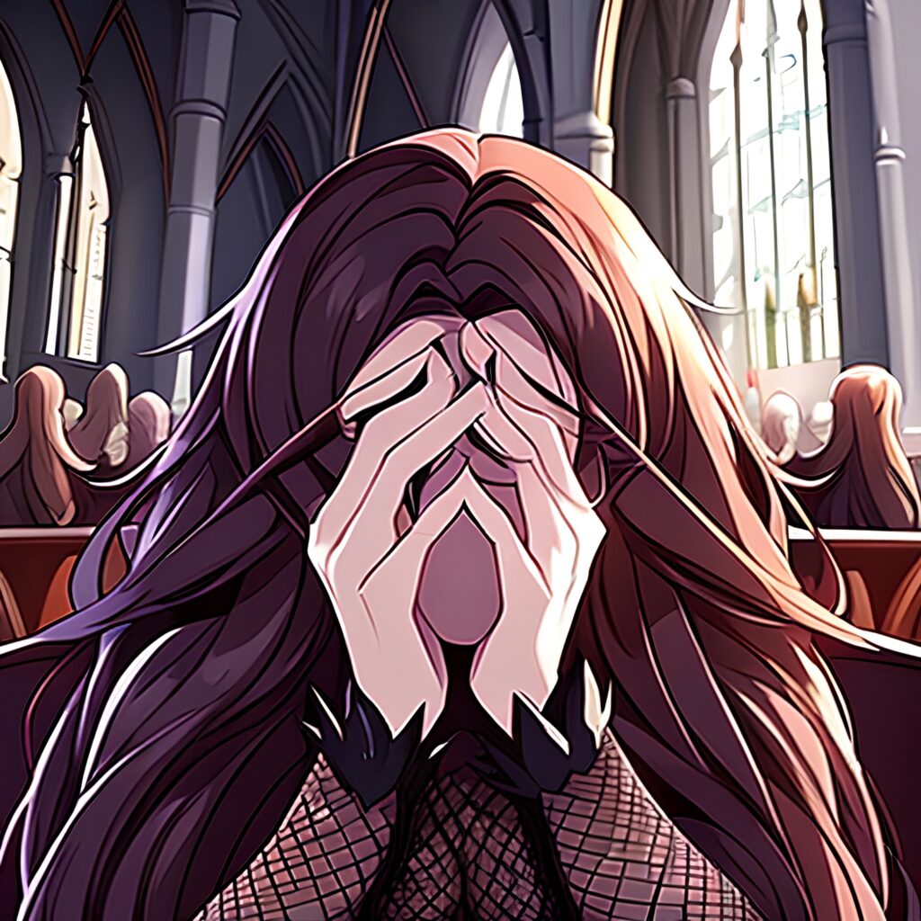 fishnet church brunette messy hair long hair woman 