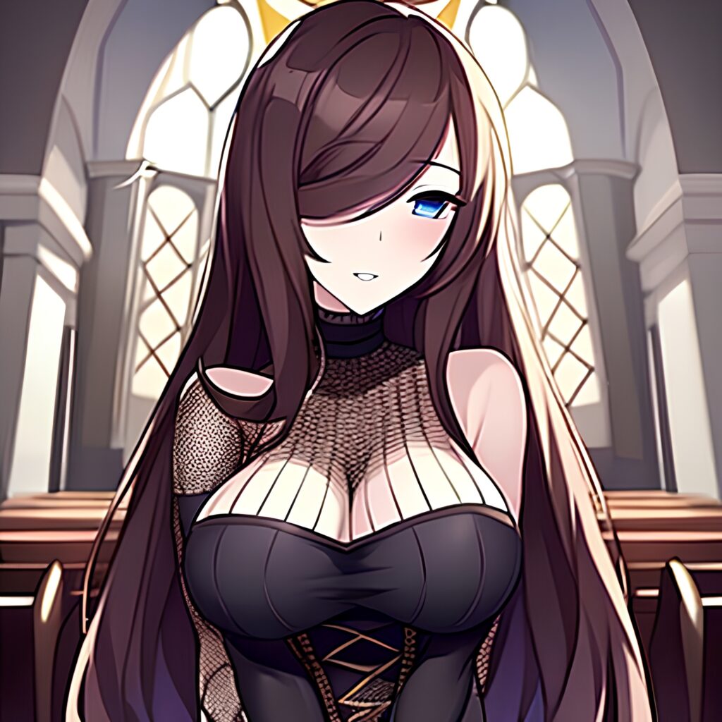 fishnet church brunette messy hair long hair woman 